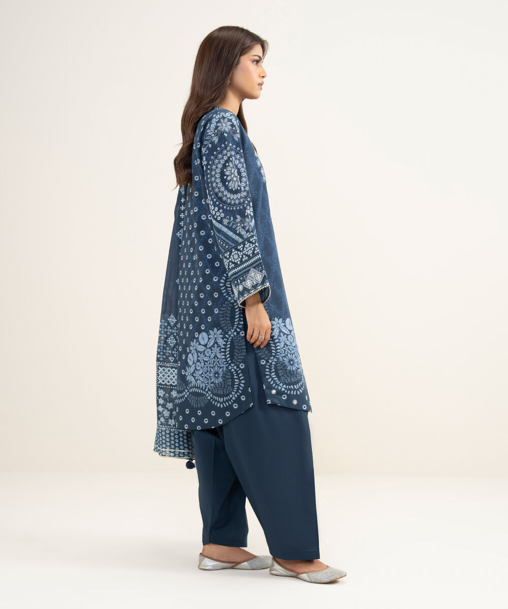 Women's Unstitched Lawn Embroidered Blue 3 Piece Suit