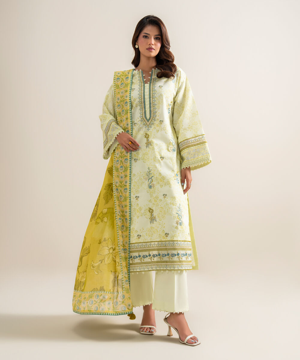 Women's Unstitched Lawn Embroidered Yellow  3 Piece Suit