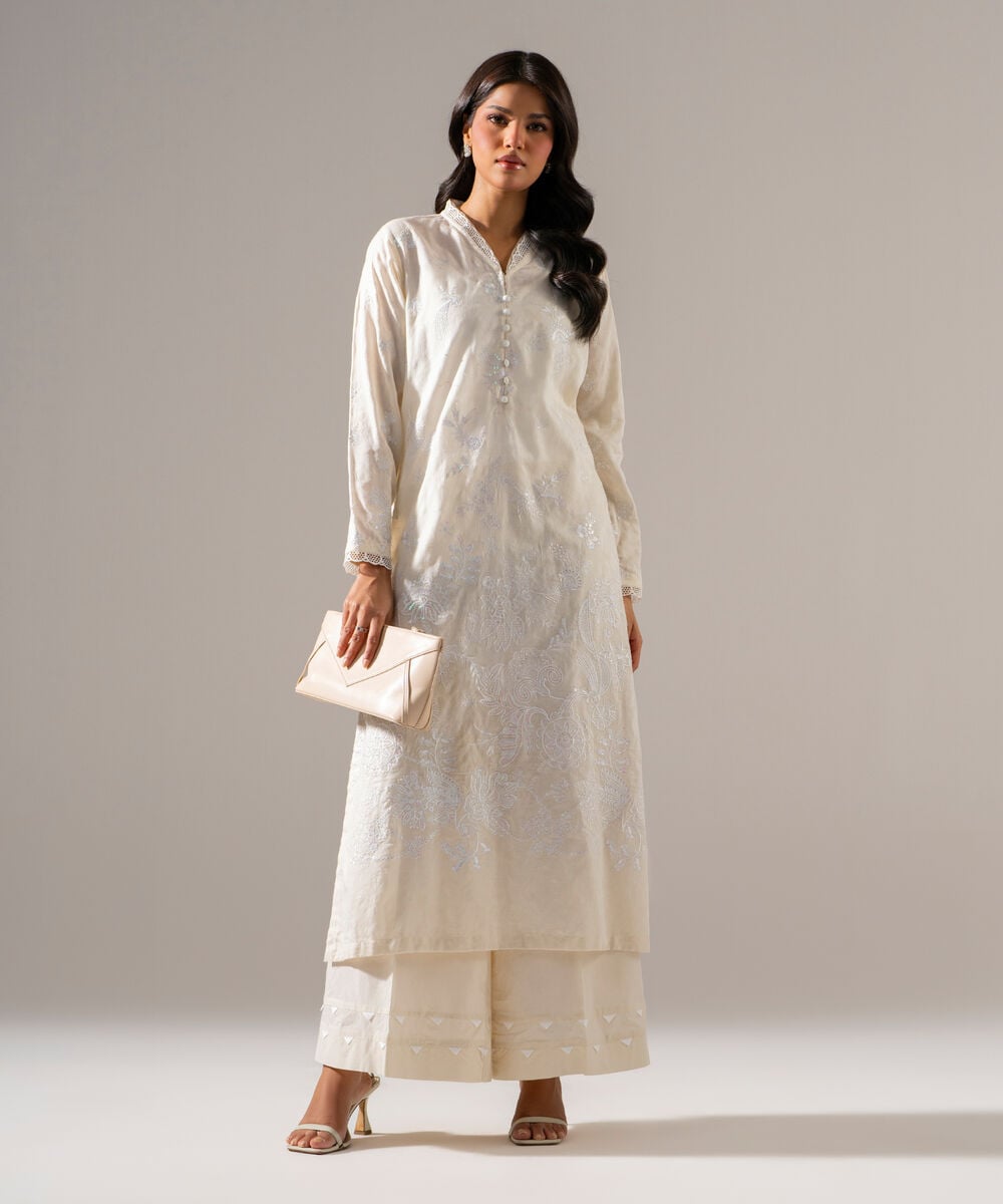 Women's RTW Self Jacquard Solid Embroidered Off White 2 Piece Suit