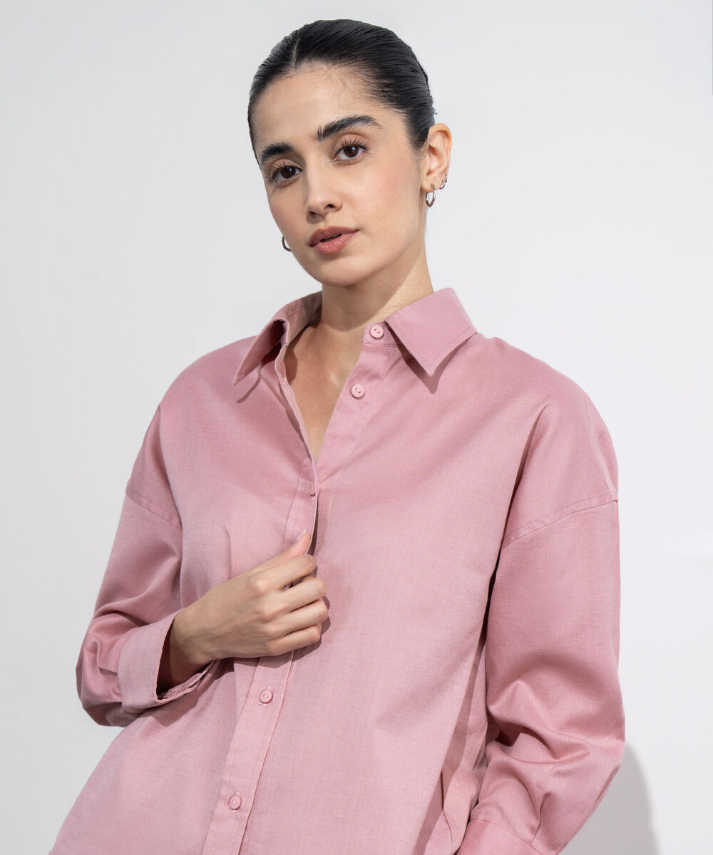 Women's Western Wear Pink Loose Fit Linen Blend Shirt