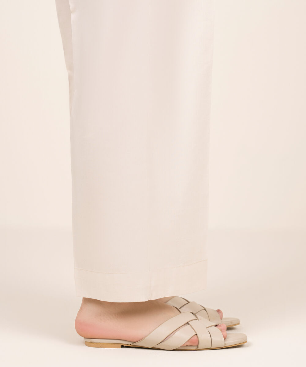 Women's RTW Cotton Viscose Off White Solid Straight Pants