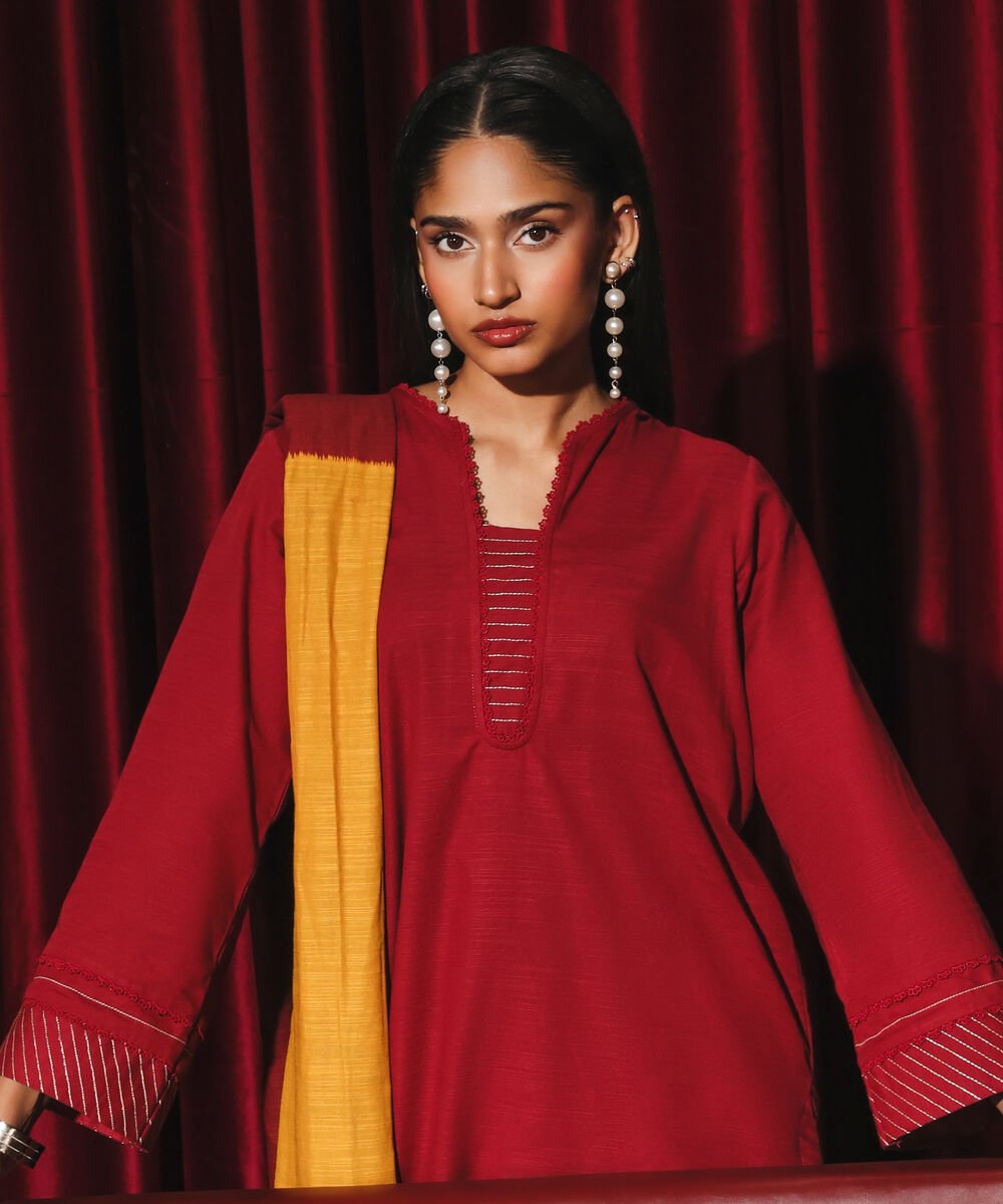 Women's RTW Khaddar Embroidered A-Line Maroon Shirt