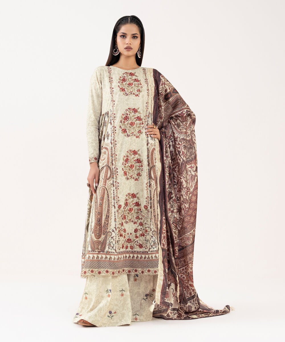 Women's RTW Lawn Viscose Beige Embroidered Pishwas
