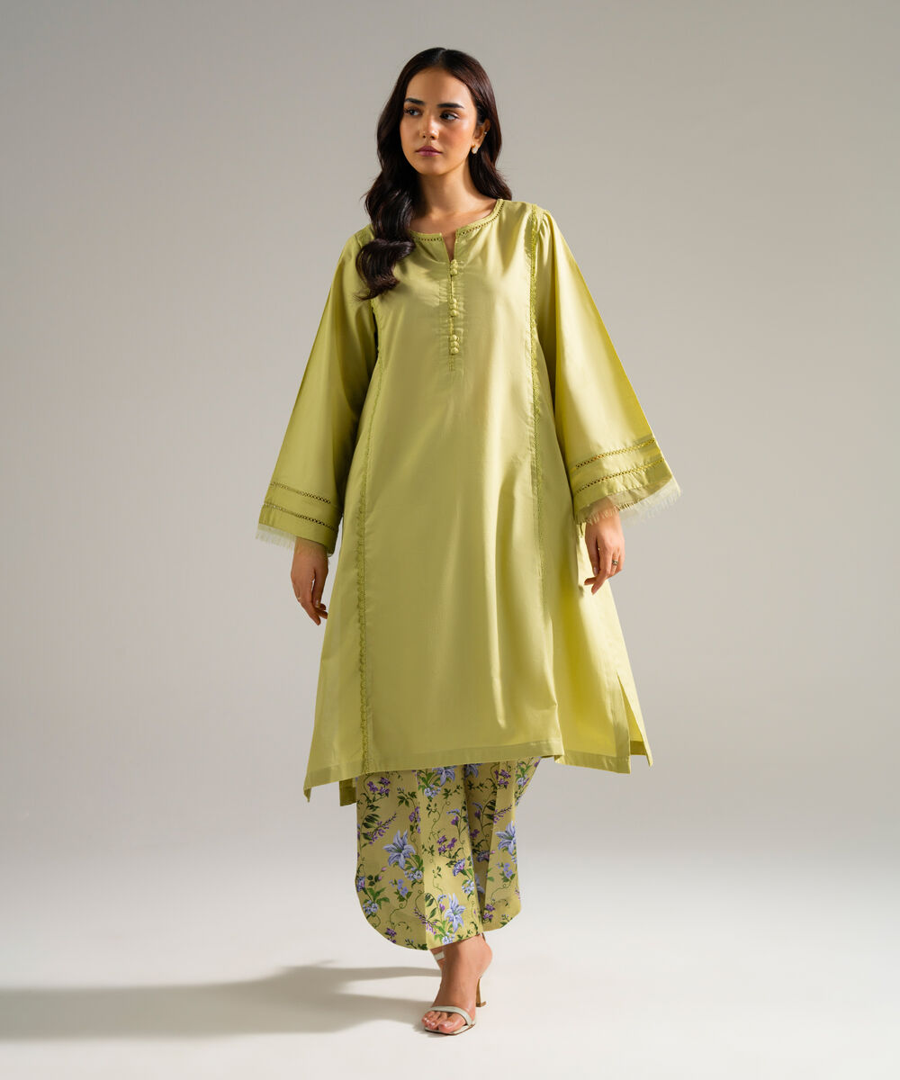 Women's RTW Cambric Solid Green A-Line Shirt