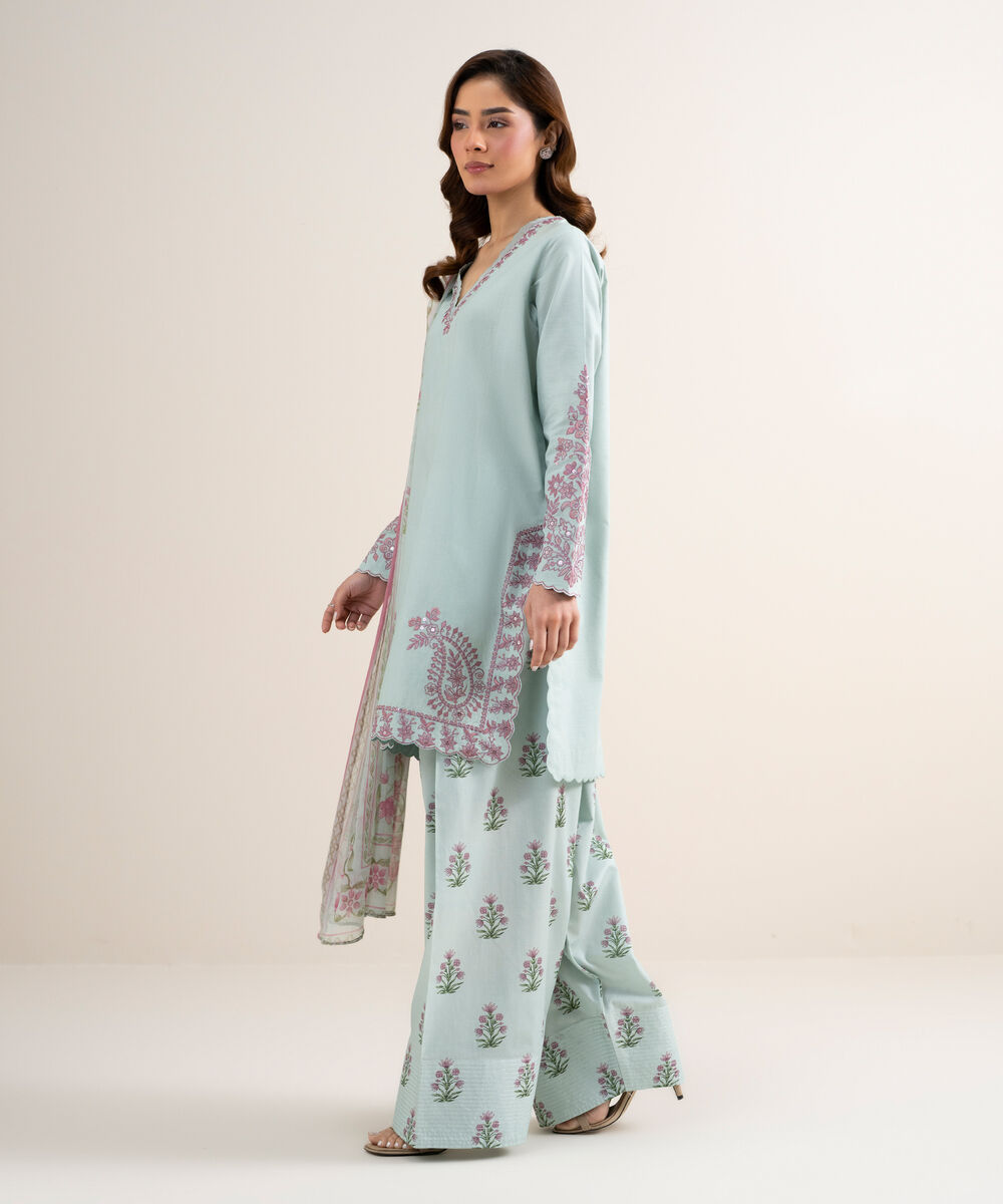 Women's Unstitched Textured Lawn Embroidered Blue 3 Piece Suit