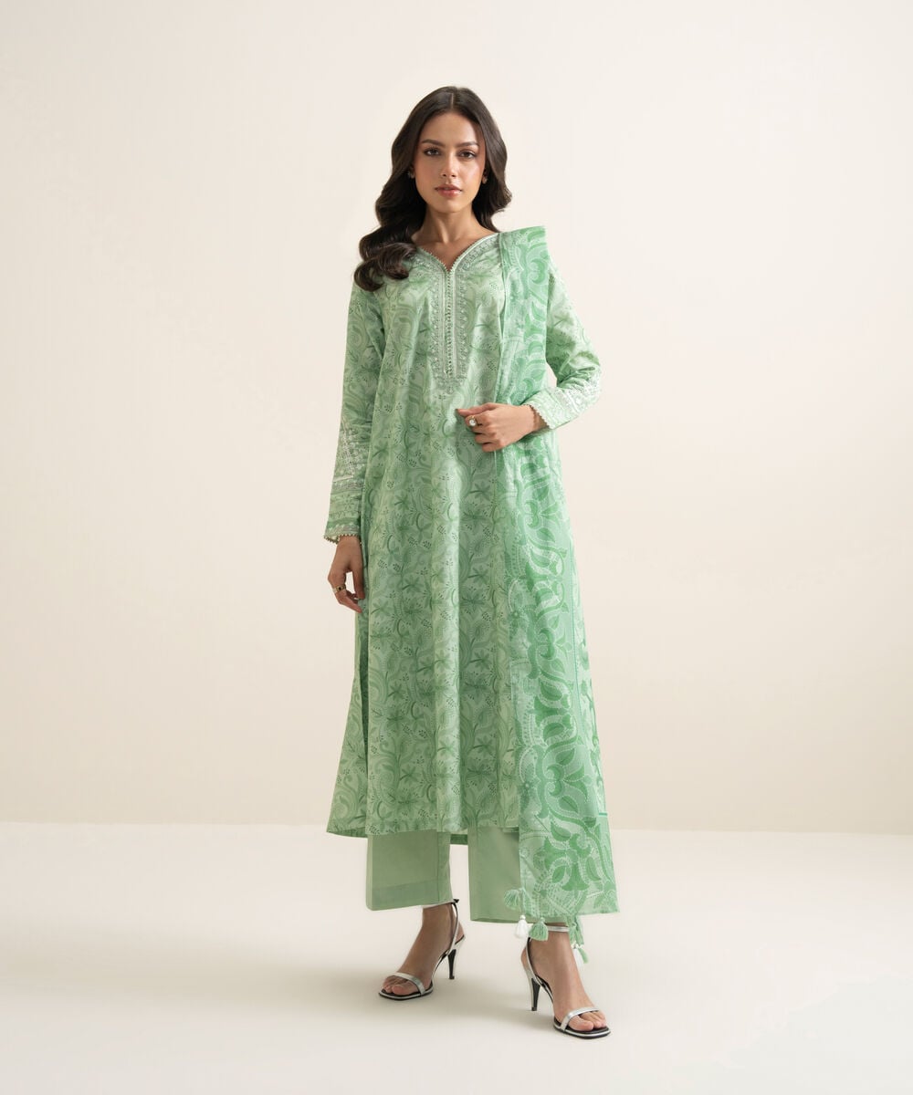 Women's Unstitched Lawn Embroidered Mint 3 Piece Suit