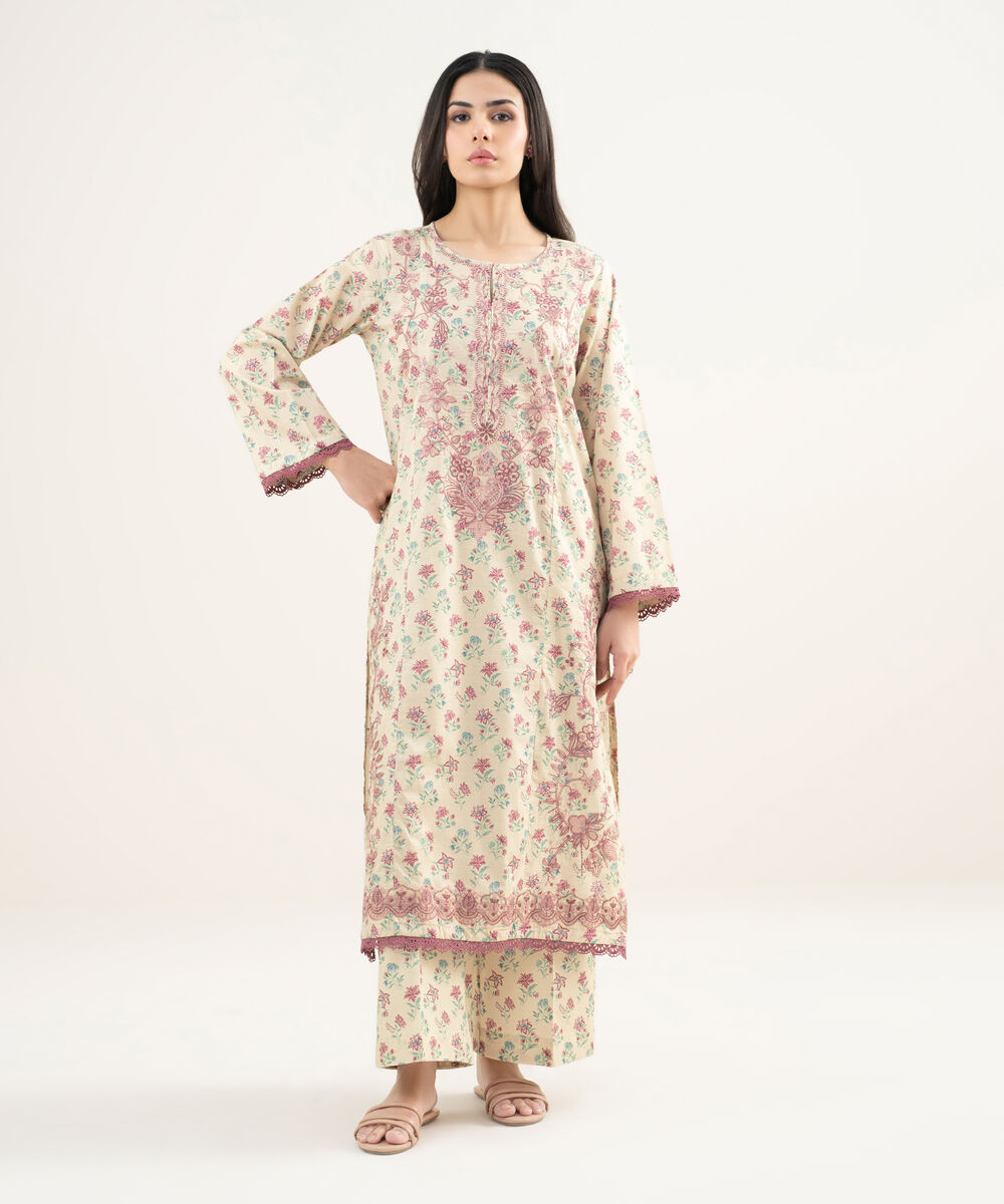 Women's RTW Slub Lawn Embroidered Off White A-Line Shirt