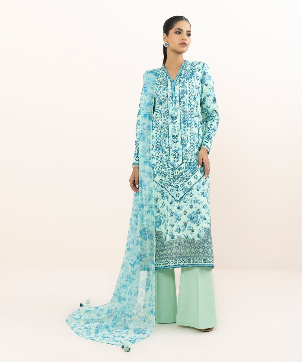 Women's Unstitched Cotton Viscose Embroidered Blue 3 Piece Suit