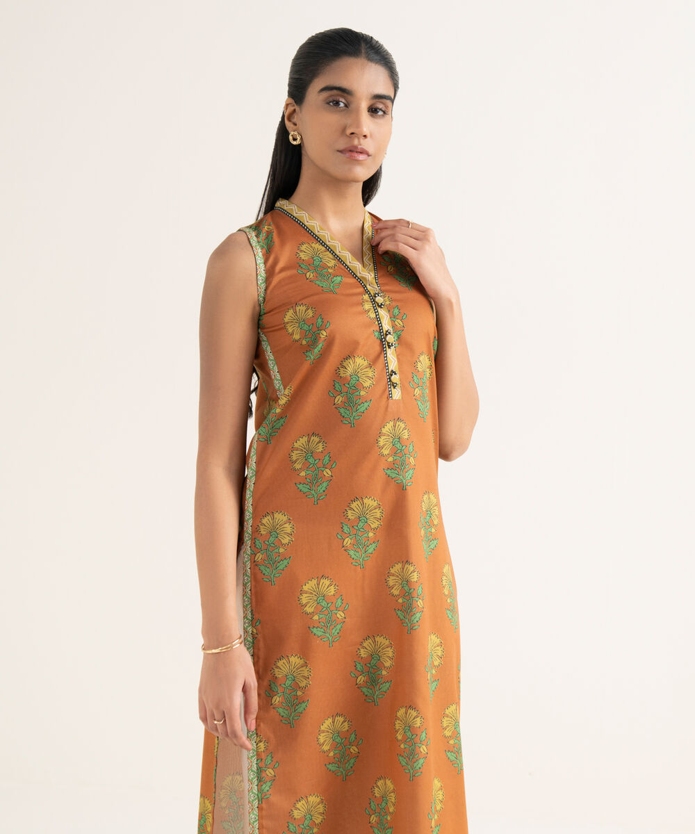 Women's Unstitched Lawn Printed Orange Shirt