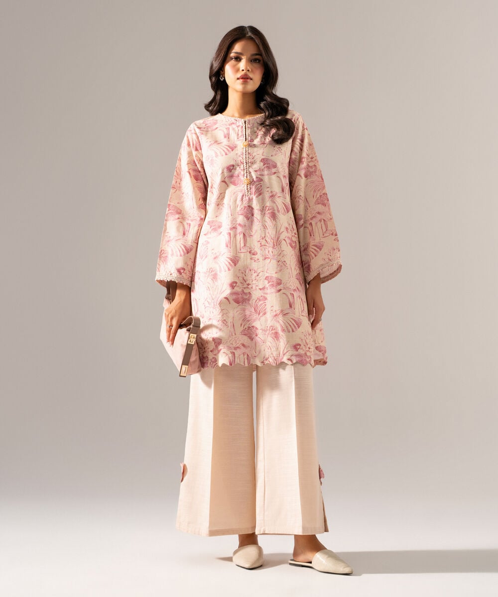 Women's RTW Khaddar Printed Beige Straight Shirt