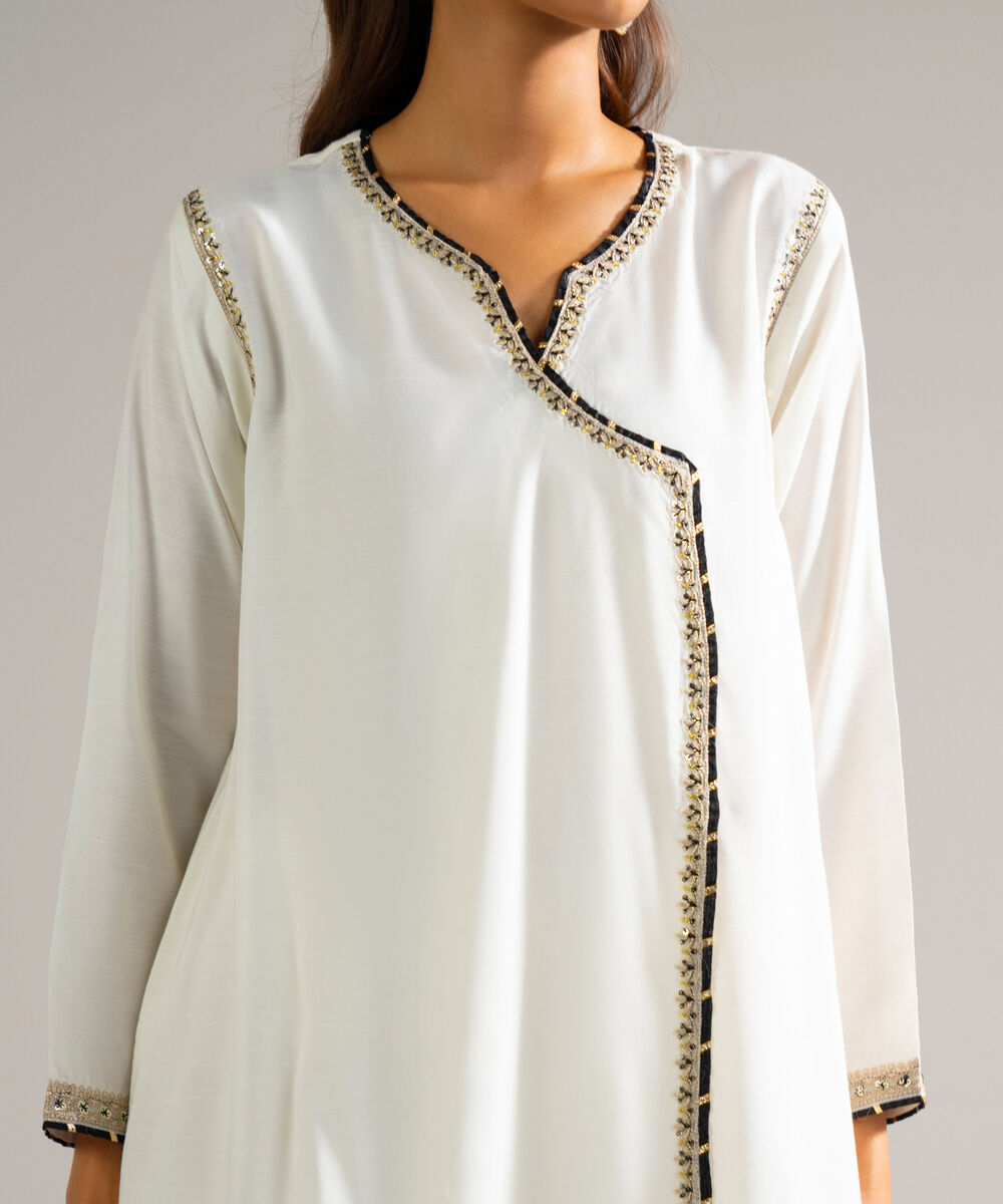 Women's RTW Raw Silk Embroidered White 3 Piece Suit
