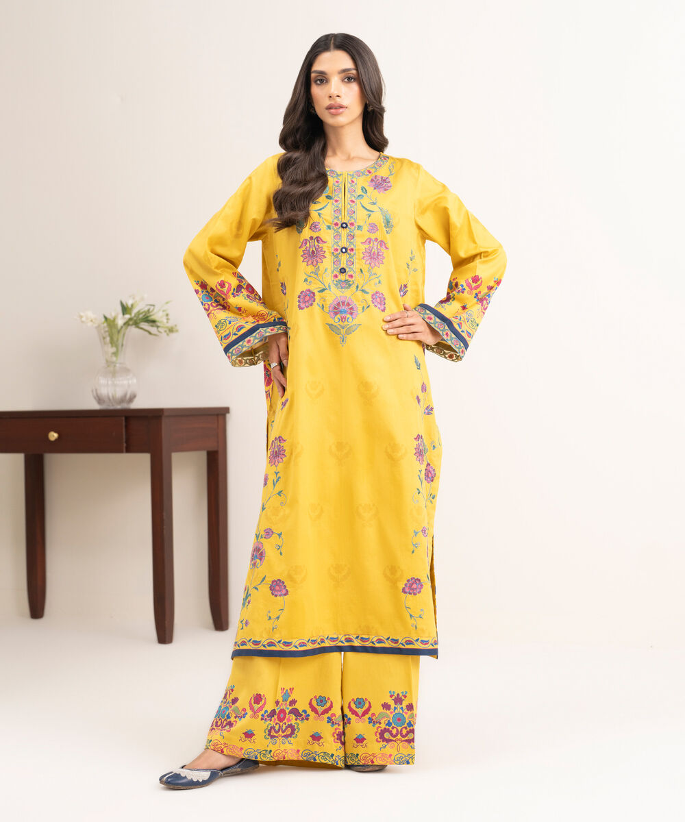 Women's RTW Cotton Satin Embroidered Yellow Straight Shirt