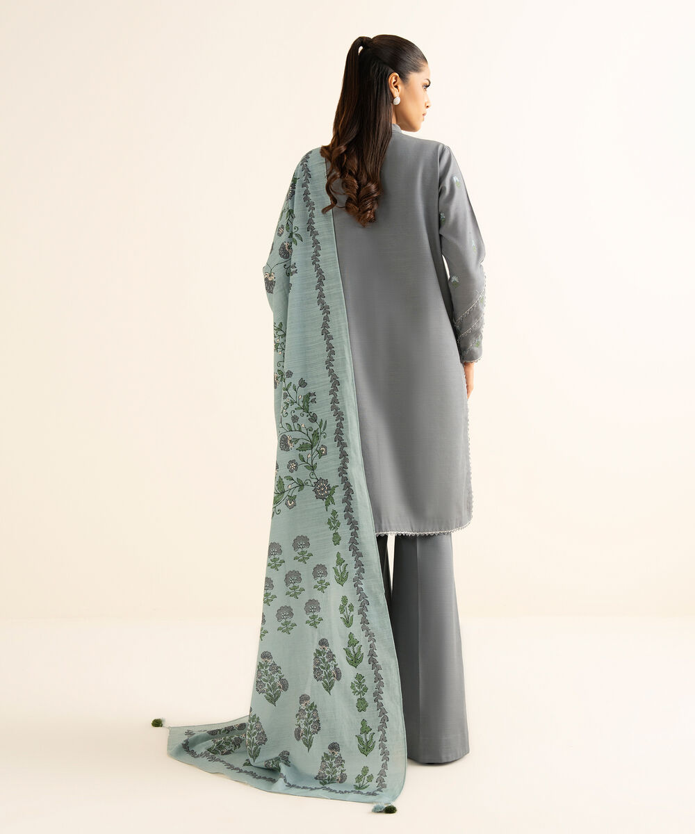 Women's Unstitched Light Khaddar Embroidered Grey 3 Piece Suit