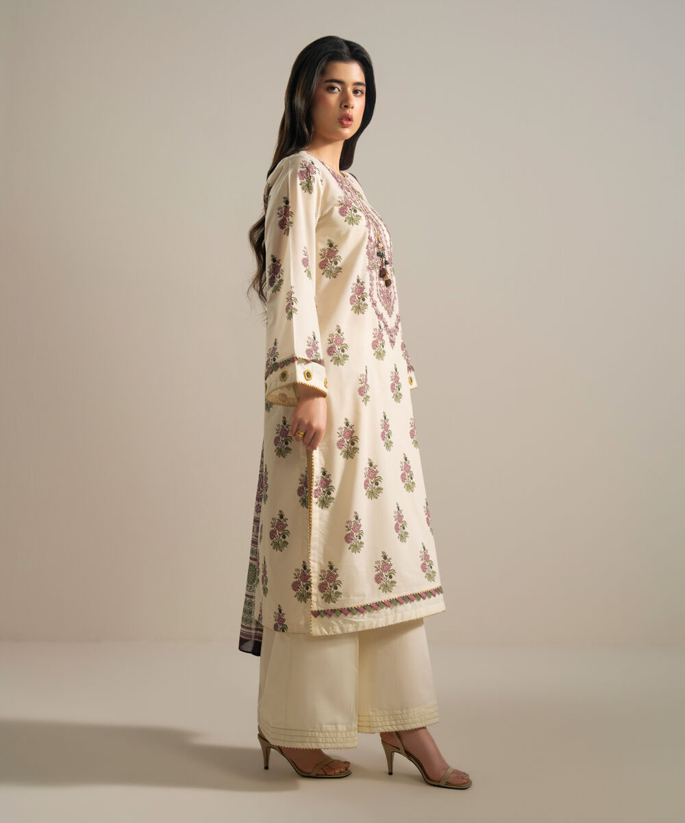Women's RTW Zari Lawn Embroidered Off White 3 Piece Suit