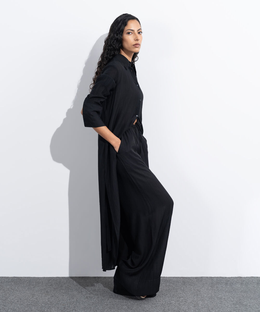 Women's Western Wear Black Textured Button Down Dress