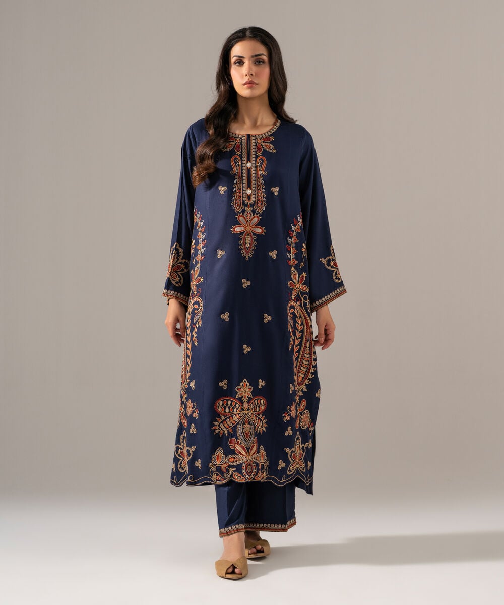 Women's RTW Bedford Solid Embroidered Dark Blue Straight Shirt
