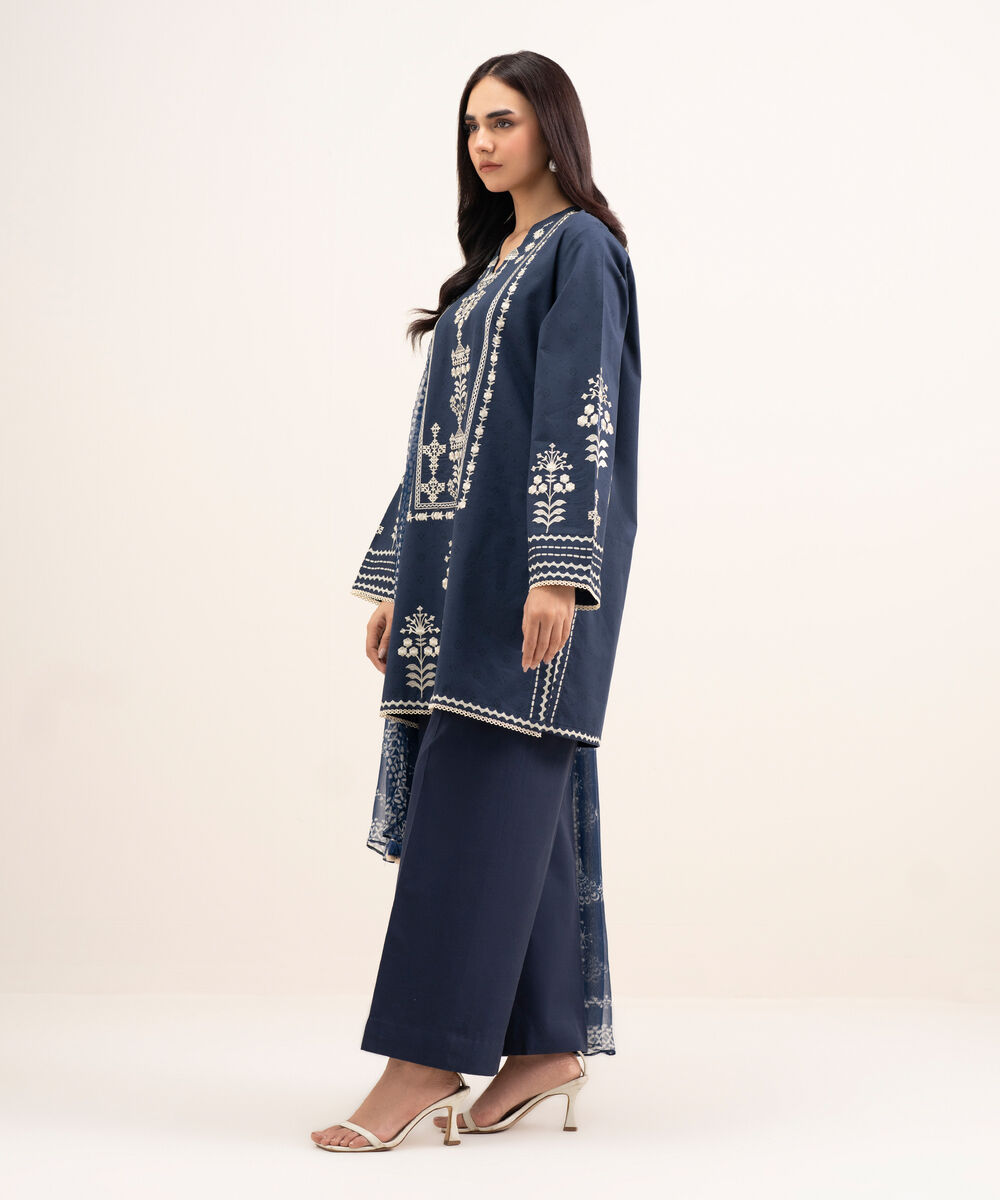 Women's Unstitched Lawn Embroidered Blue 3 Piece Suit