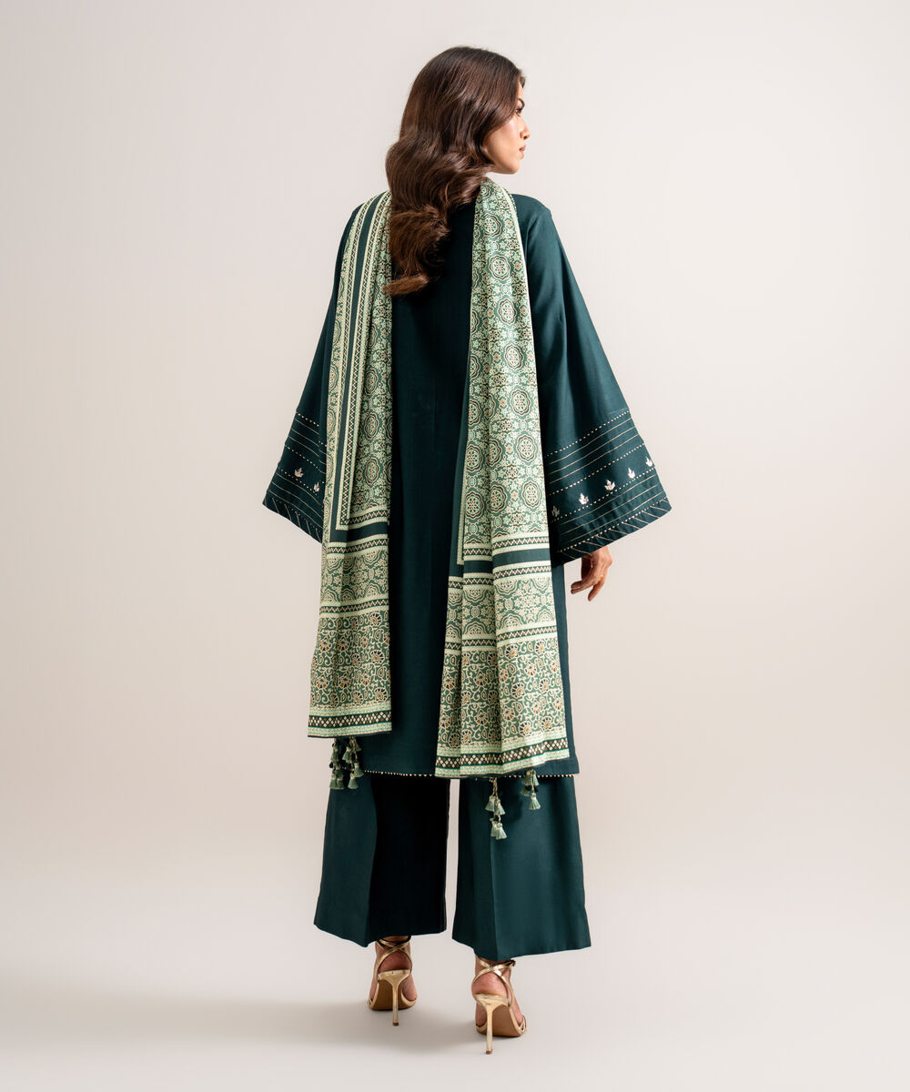Women's Unstitched Embroidered Linen Teal Green 3 Piece Suit