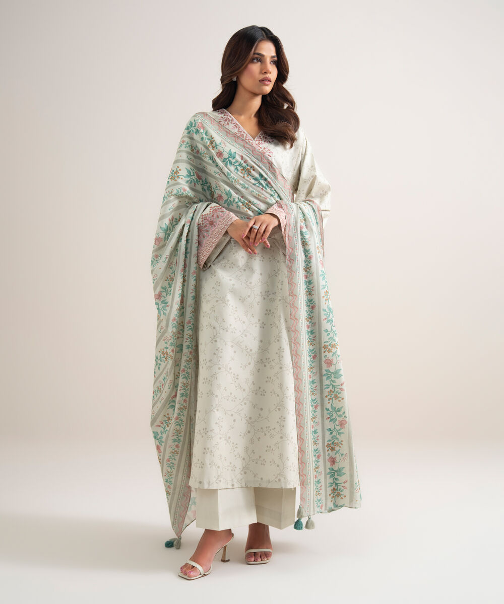 Women's Unstitched Lawn Embroidered Off White