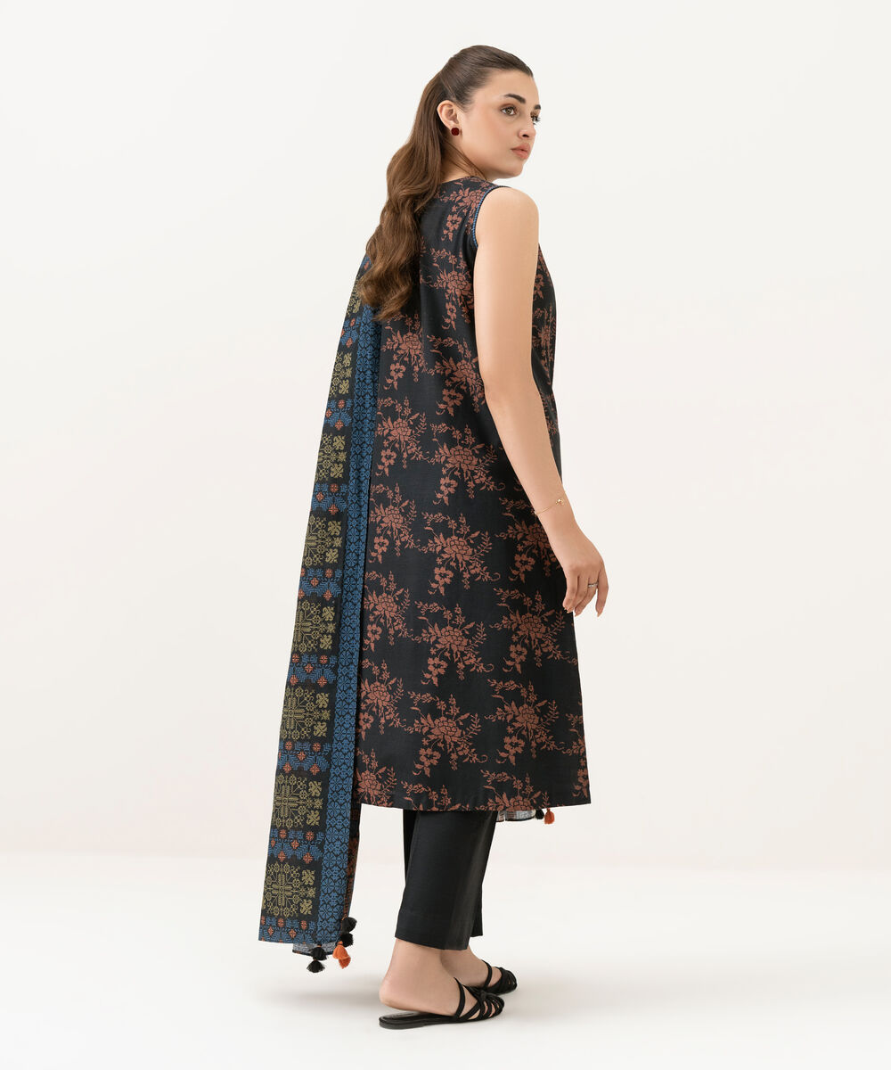 Women's Unstitched Khaddar Printed Black 3 Piece Suit