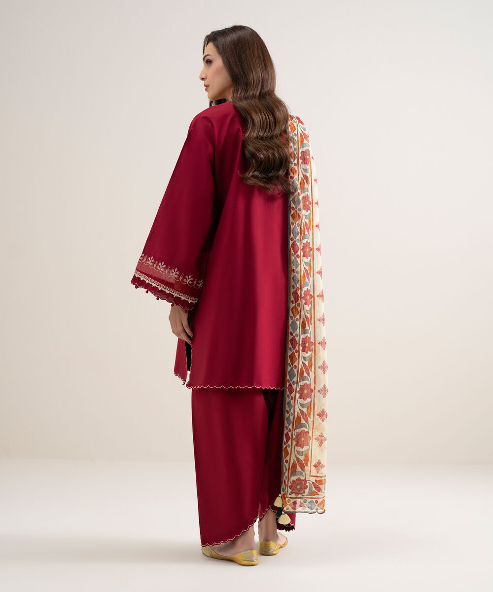 Women's Unstitched Lawn Embroidered Red 3 Piece Suit