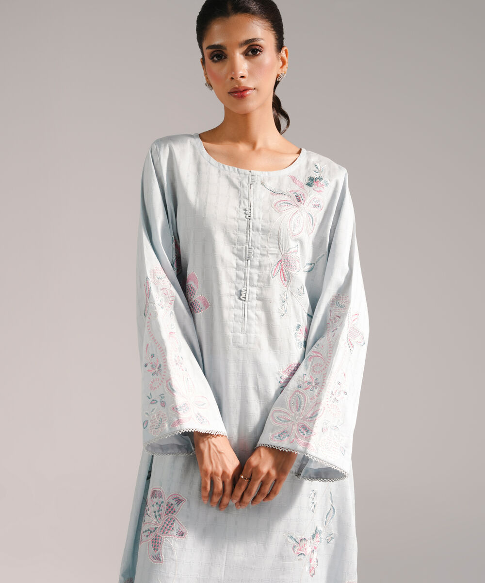 Women's RTW Dobby Embroidered Straight Light Blue Shirt