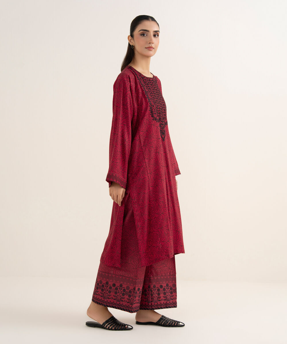 Women's RTW Cotton Embroidered Red A-Line Shirt