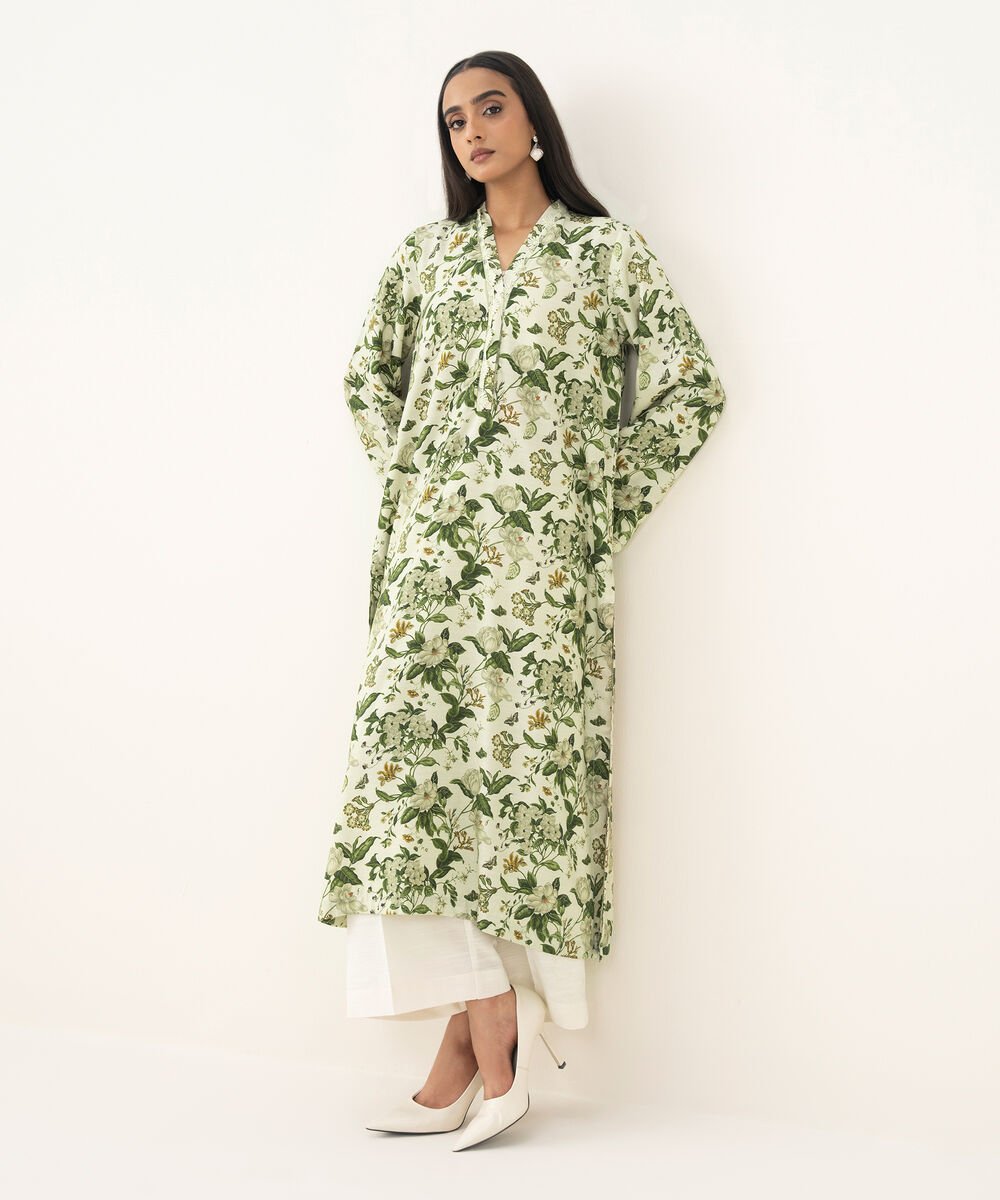 Women's RTW Light Khaddar Printed A-Line White Shirt