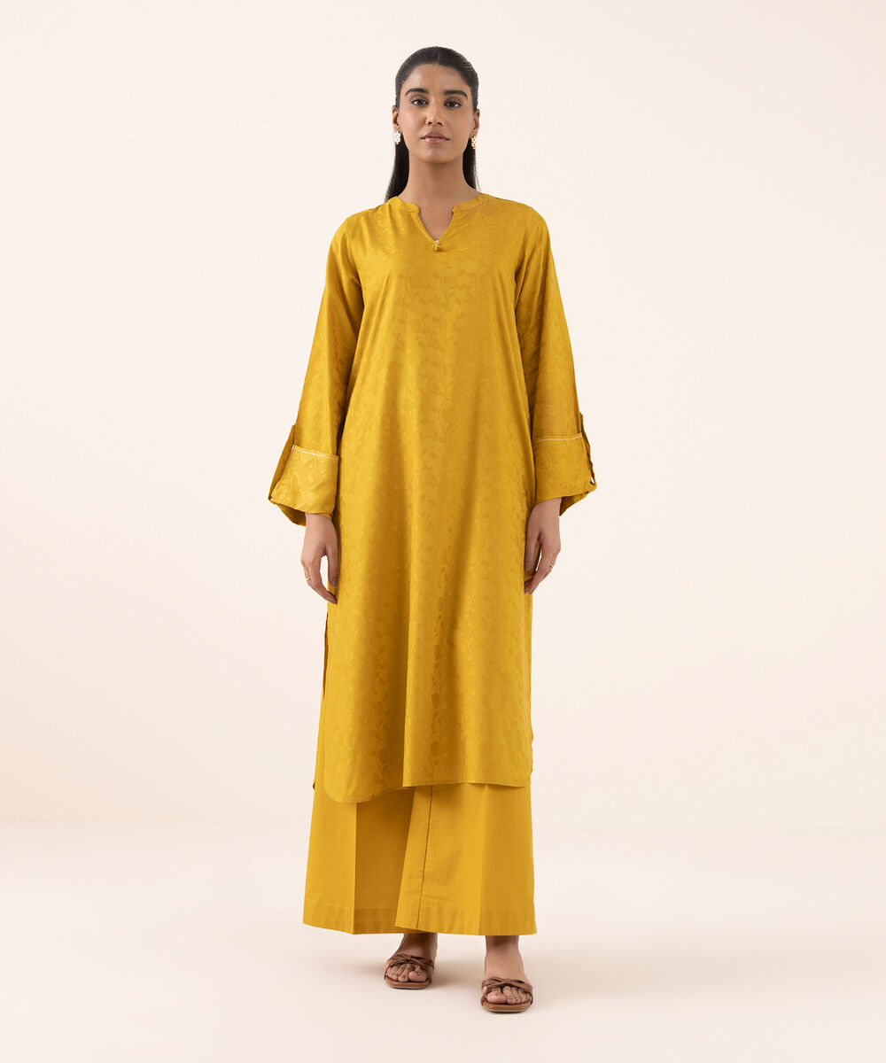 Women's RTW  Arabic Self Jacquard Leno  Yellow Dyed Aline Shirt