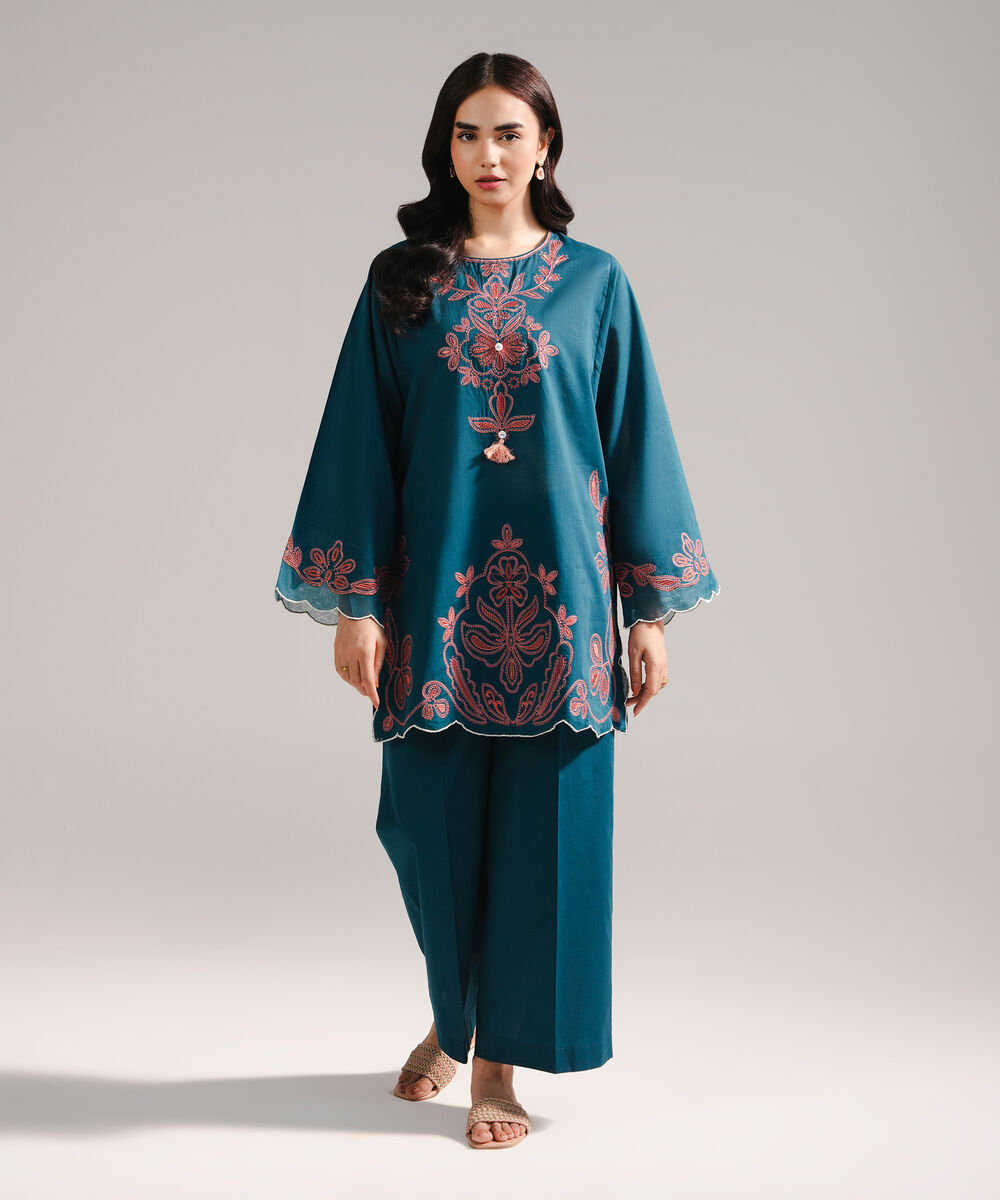 Women's RTW Cross Hatch Embroidered Teal Straight Shirt