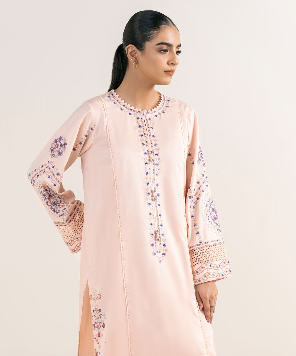 Women's RTW Cotton Satin Pink Embroidered A-Line Shirt