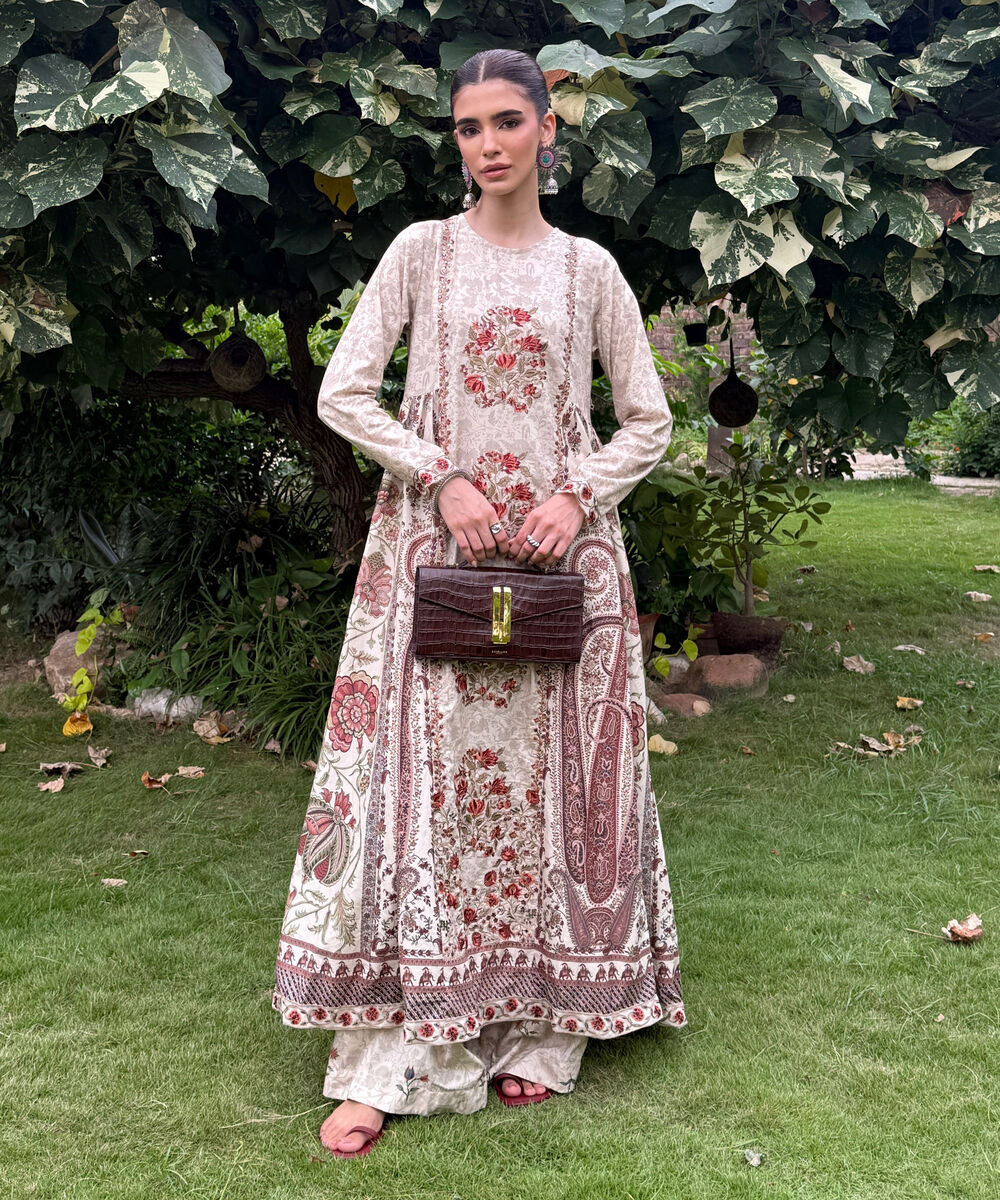 Women's RTW Lawn Viscose Beige Embroidered Pishwas