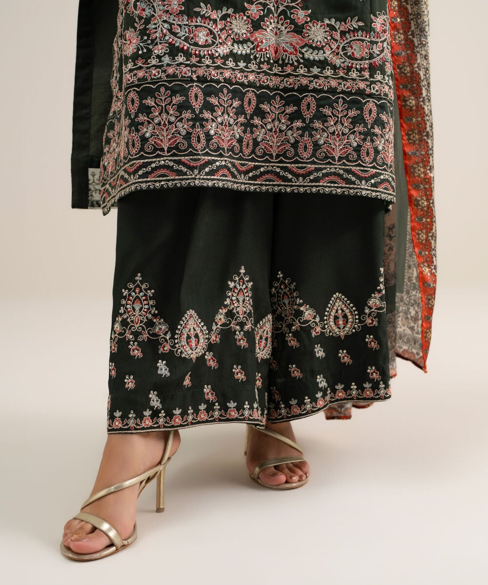 Women's Unstitched Embroidered Blended Raw Silk Green 3 Piece Suit