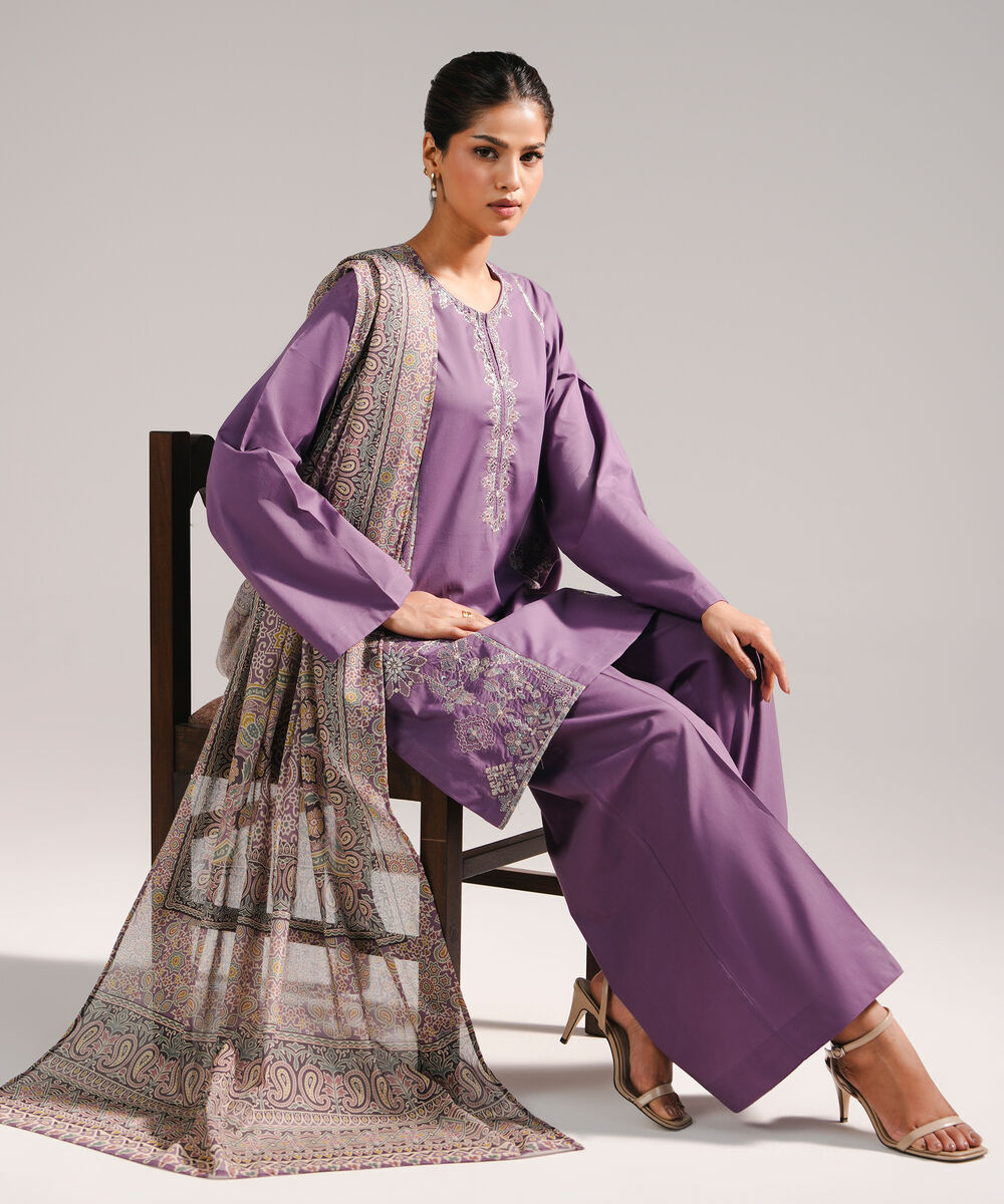 Women's RTW Lawn Embroidered Purple 3 Piece Suit