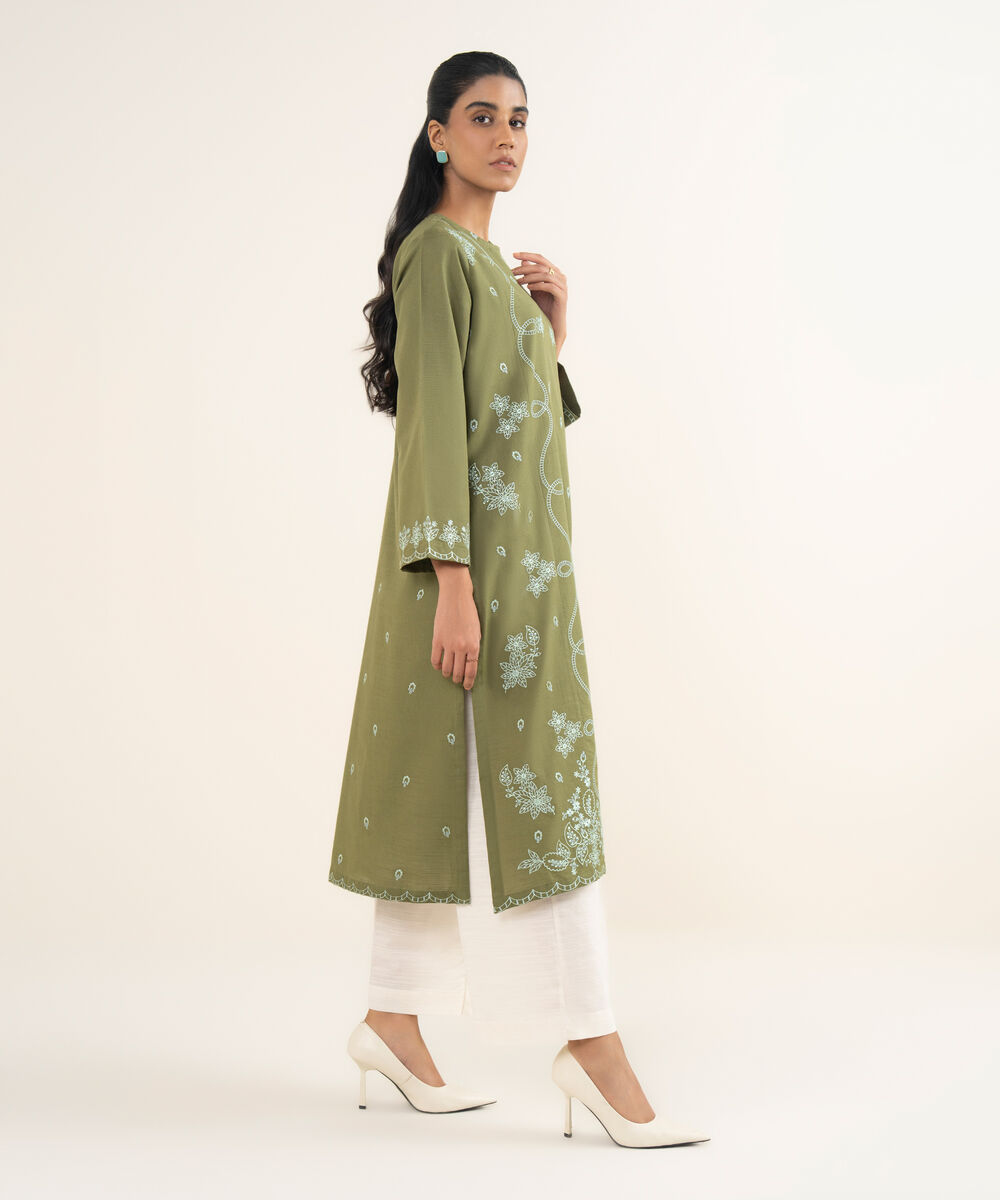 Women's RTW Light Khaddar Embroidered Green A-Line Shirt
