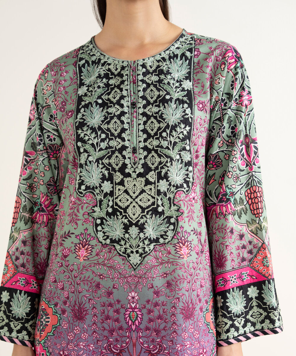 Women's RTW Linen Viscose Embroidered Green A-Line Shirt