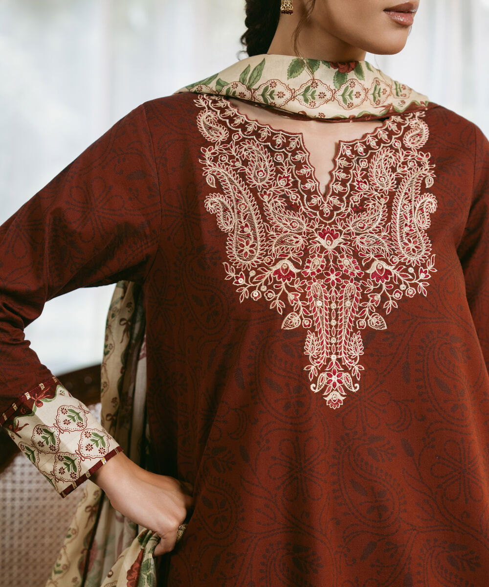 Women's Unstitched Cotton Embroidered Red 3 Piece Suit