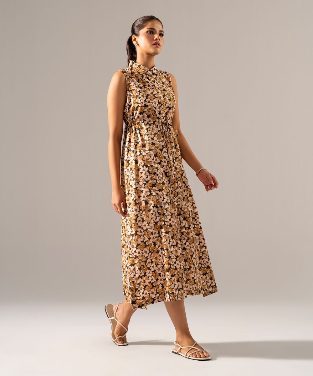 Women's RTW Cotton Viscose Printed Brown Dress