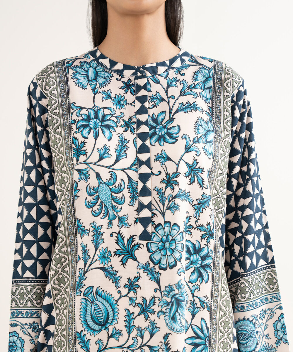Women's RTW Cotton Printed Drop Shoulder Blue Shirt
