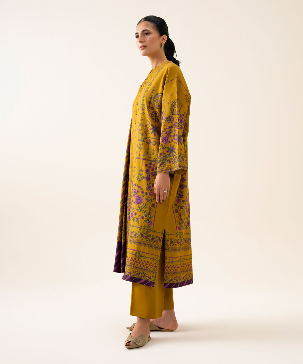Women's Unstitched Viscose Linen Printed Mustard 3 Piece Suit