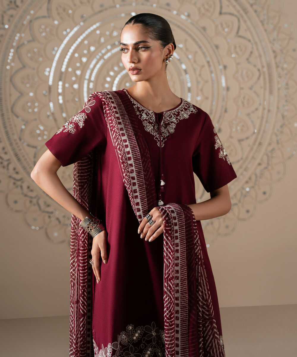 Women's Unstitched Dobby Embroidered Red 3 Piece Suit