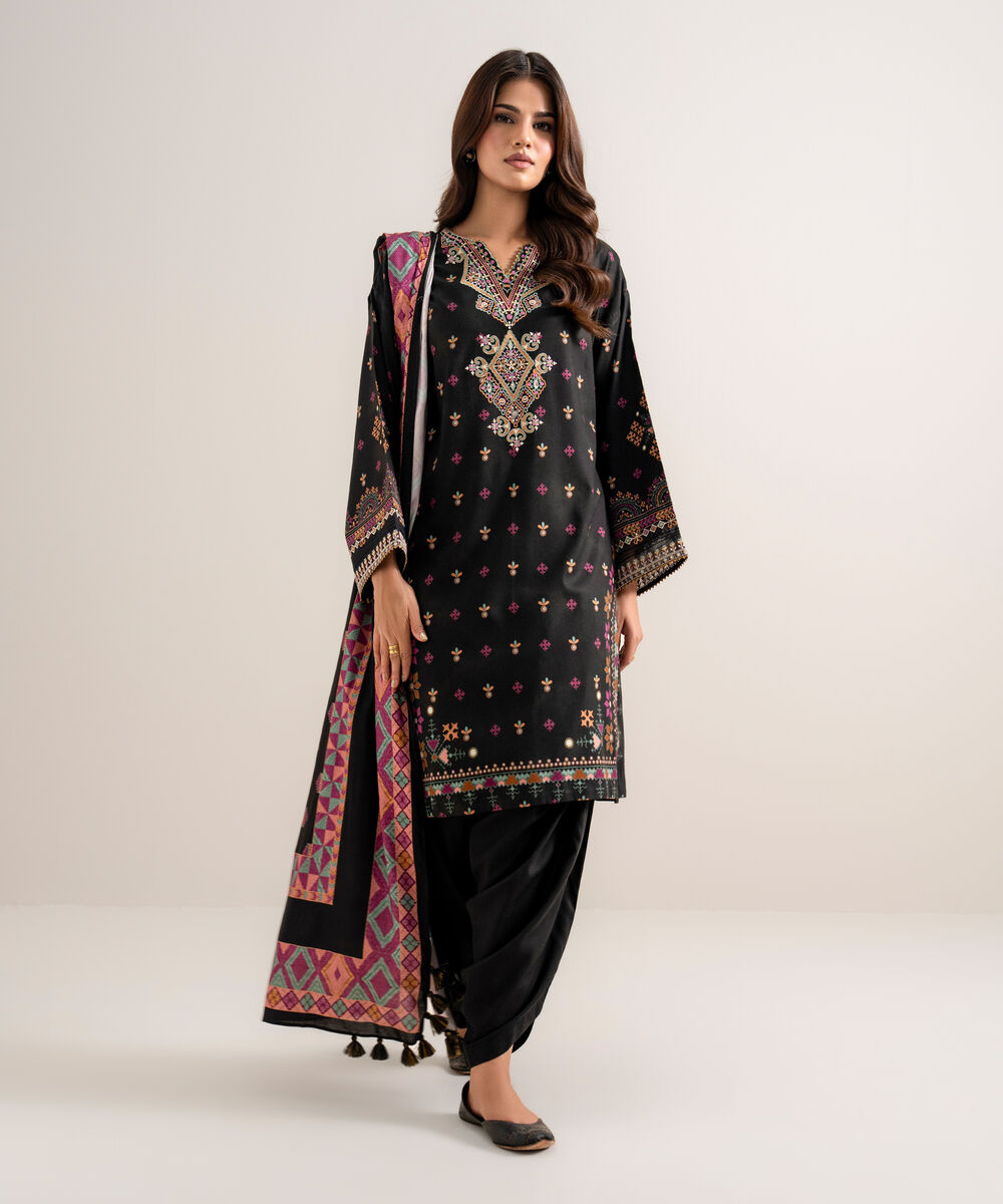 Women's Unstitched Embroidered Linen Black 3 Piece Suit
