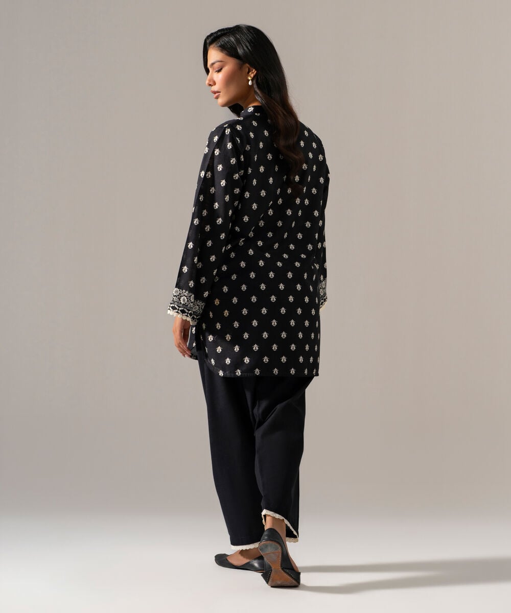 Women's RTW Khaddar Printed Black Straight Shirt