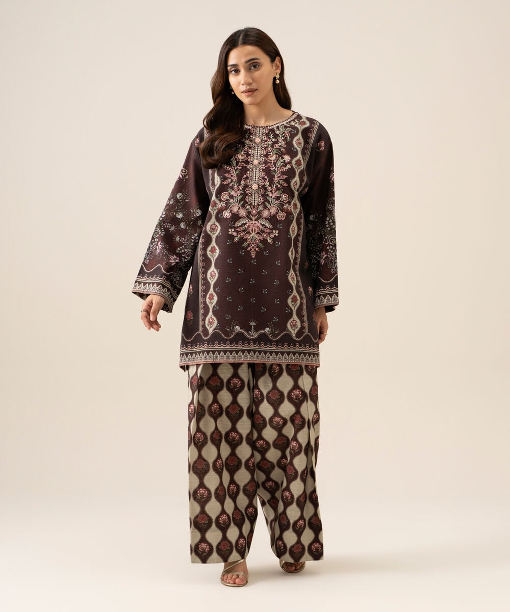 Women's Unstitched Light Khaddar Printed Burgundy 2 Piece Suit