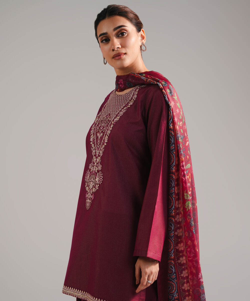 Women's RTW Zari Lawn Embroidered Plum 3 Piece Suit