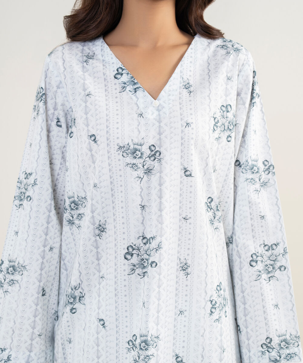 Women's RTW Cambric Printed White 3 Piece Suit