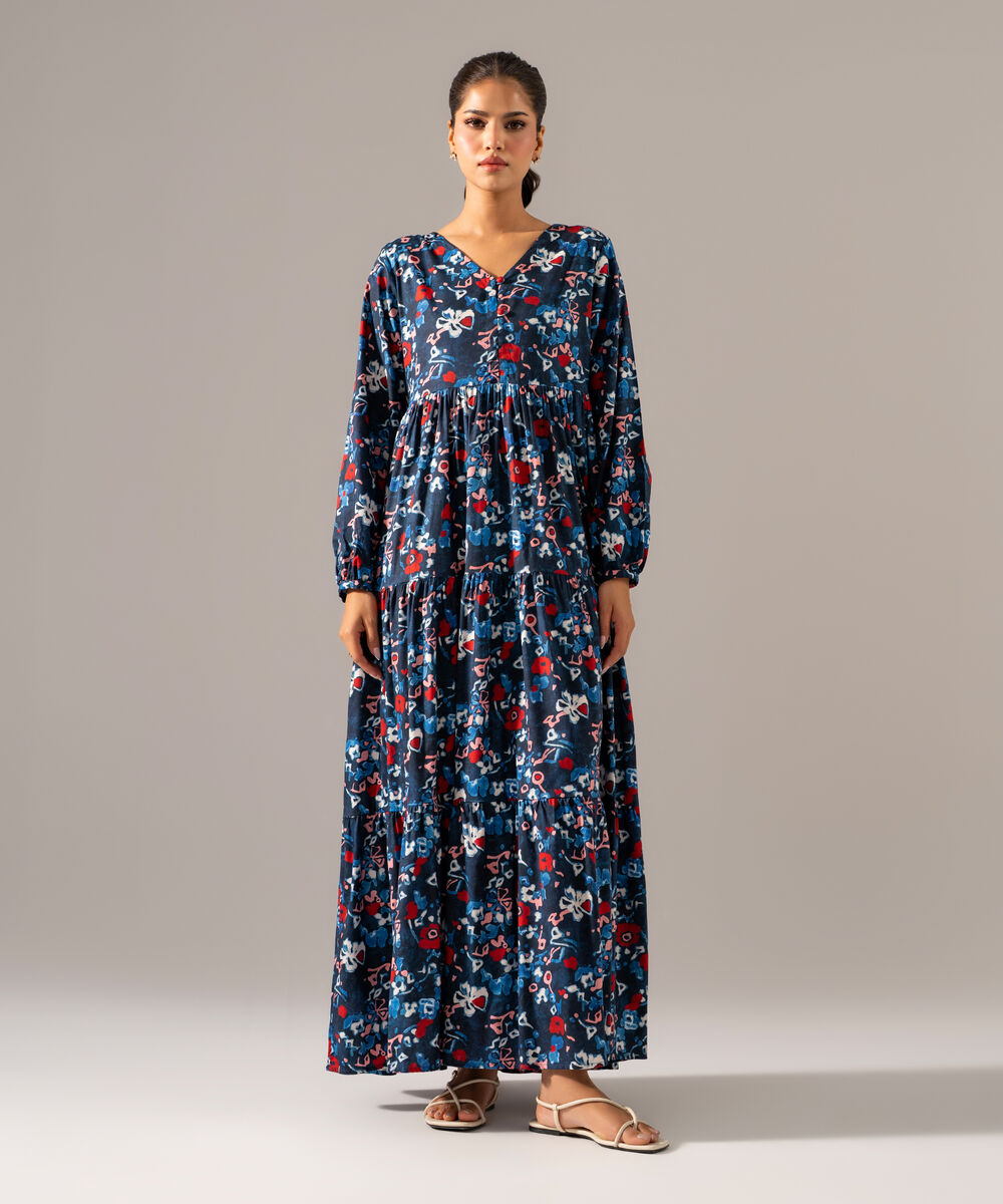 Women's RTW Cotton Viscose Printed Blue Dress