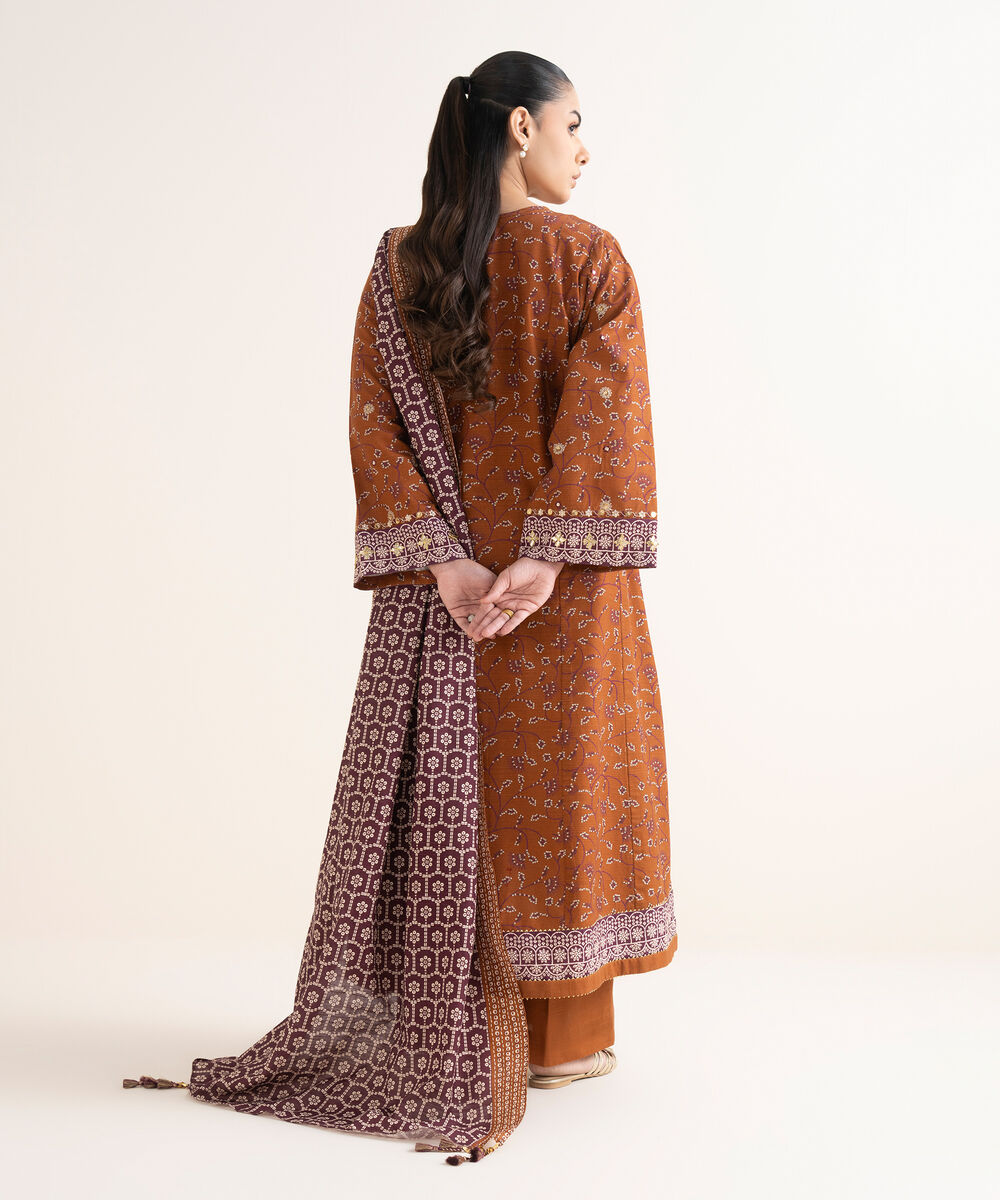 Women's Unstitched Embroidered Khaddar Orange 3 Piece Suit