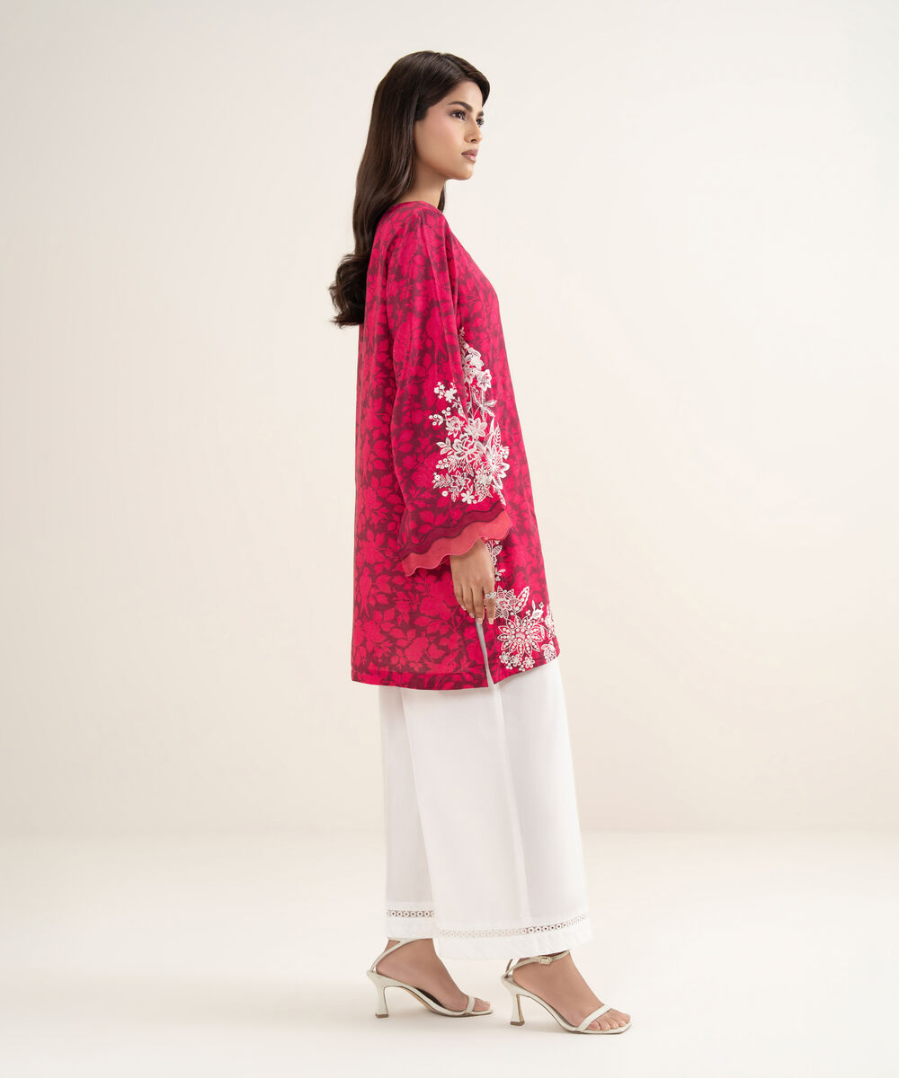 Women's RTW Viscose Raw Silk Embroidered Pink Straight Shirt