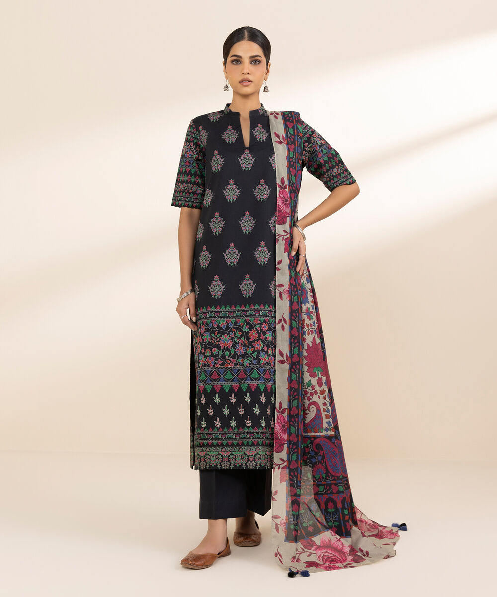 Women's Unstitched Lawn Printed Black 3 Piece Suit